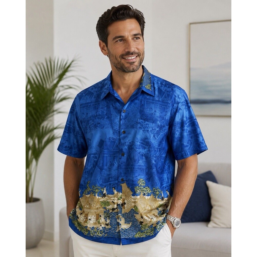 Thai Silk Collection Siew Chang Huat Blue Village Print Shirt Mens 3XL